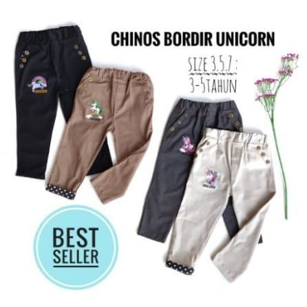 Celana Panjang Chinos Chino Anak Perempuan Bordir Unicorn 3 - 5 Tahun