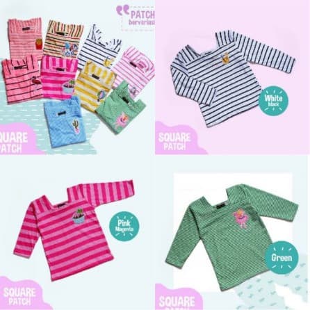 Square Patch - Kaos Lengan Panjang Motif Strip Anak Perempuan