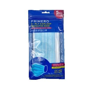 PRIMERO EARLOOP PROTECTIVE MASK 3 PLY  PCK 5'S