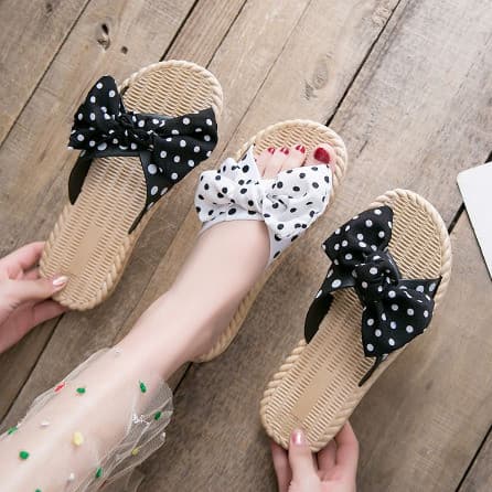 Sandal Flat Pita Polkadot Wanita Import