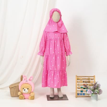 Setelan Gamis Ruffle + Jilbab Anak Pink Polkadot