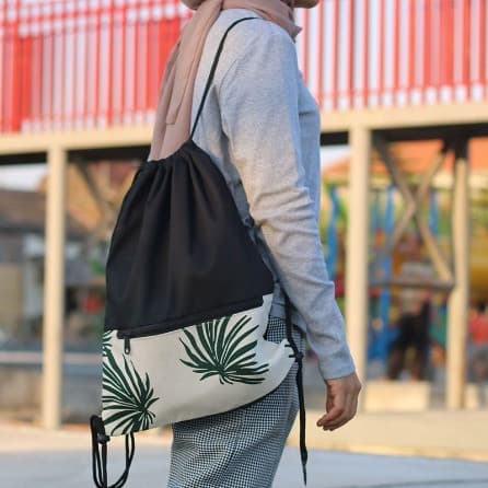 String Bag Serut Kanvas Kombinasi Palm Leaves