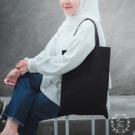 Totebag Kanvas Hitam Polos,Resleting