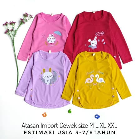Atasan Kaos Import Anak Perempuan Lengan Panjang 3 - 8 Tahun