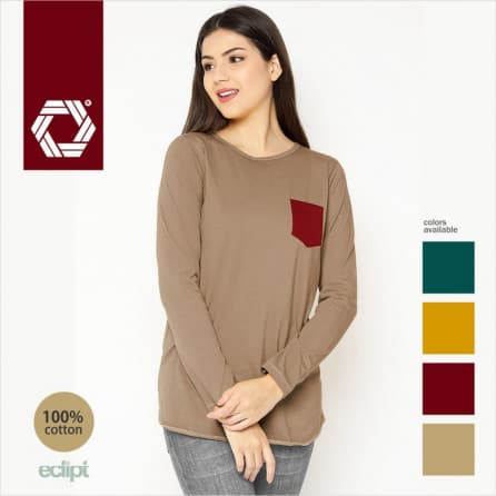 Eclipt T-Shirt Wanita - Kaos Wanita Casual Lengan Panjang - Pocket3 - Krem