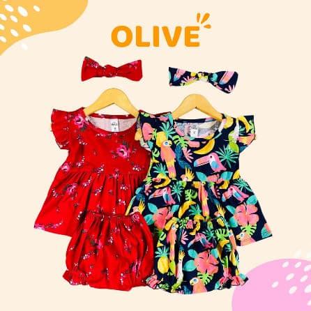 Olive Set - Setelan Baju Bayi Perempuan FREE Headband 3 - 15 Bulan Versi 1 A