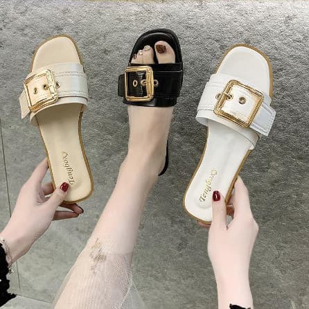 TG1454 Sandal Slip Wanita Terbaru Motif Gesper / Motif Tali Pinggang Kekinian Import