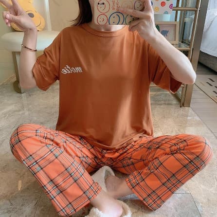 TG1483 Baju Tidur Set Polos & Motif Karakter Wanita Celana Panjang Baju Pendek Import