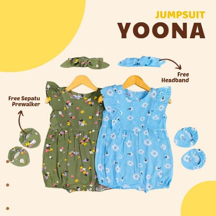 Yoona Jumpsuit - Jumpsuit Bayi Perempuan FREE Headband & Sepatu Prewalker 3 - 15 Bulan